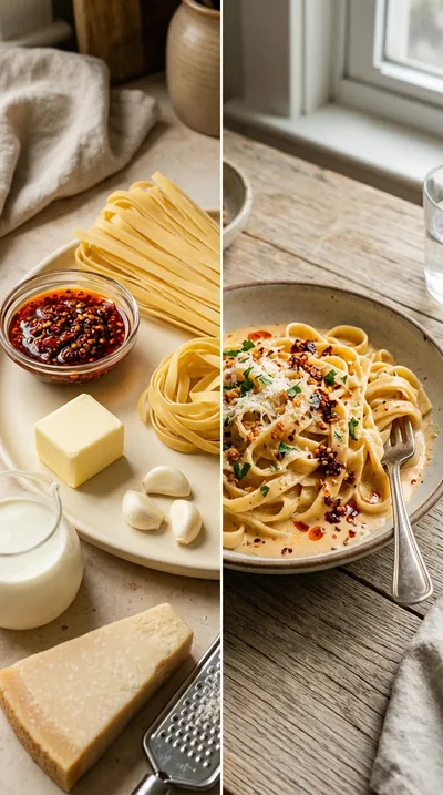 Chili Crisp Noodles with Garlic Parmesan Cream Sauce - ready to serve