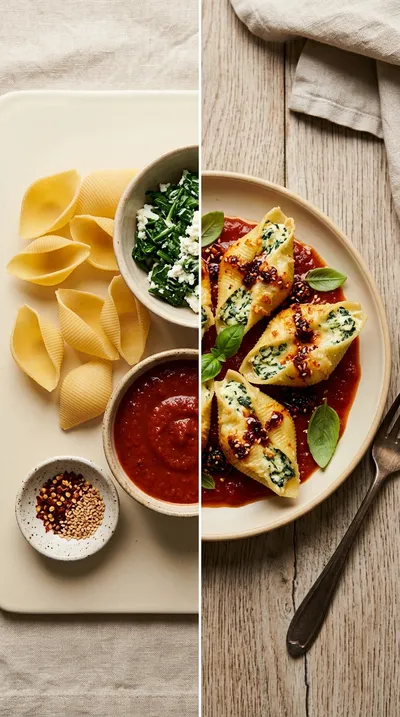 Spinach Stuffed Shells With Chili Crisp - ready to serve