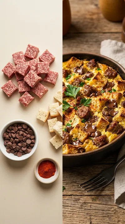 Beef Sausage Strata with Chocolate Chips - ready to serve