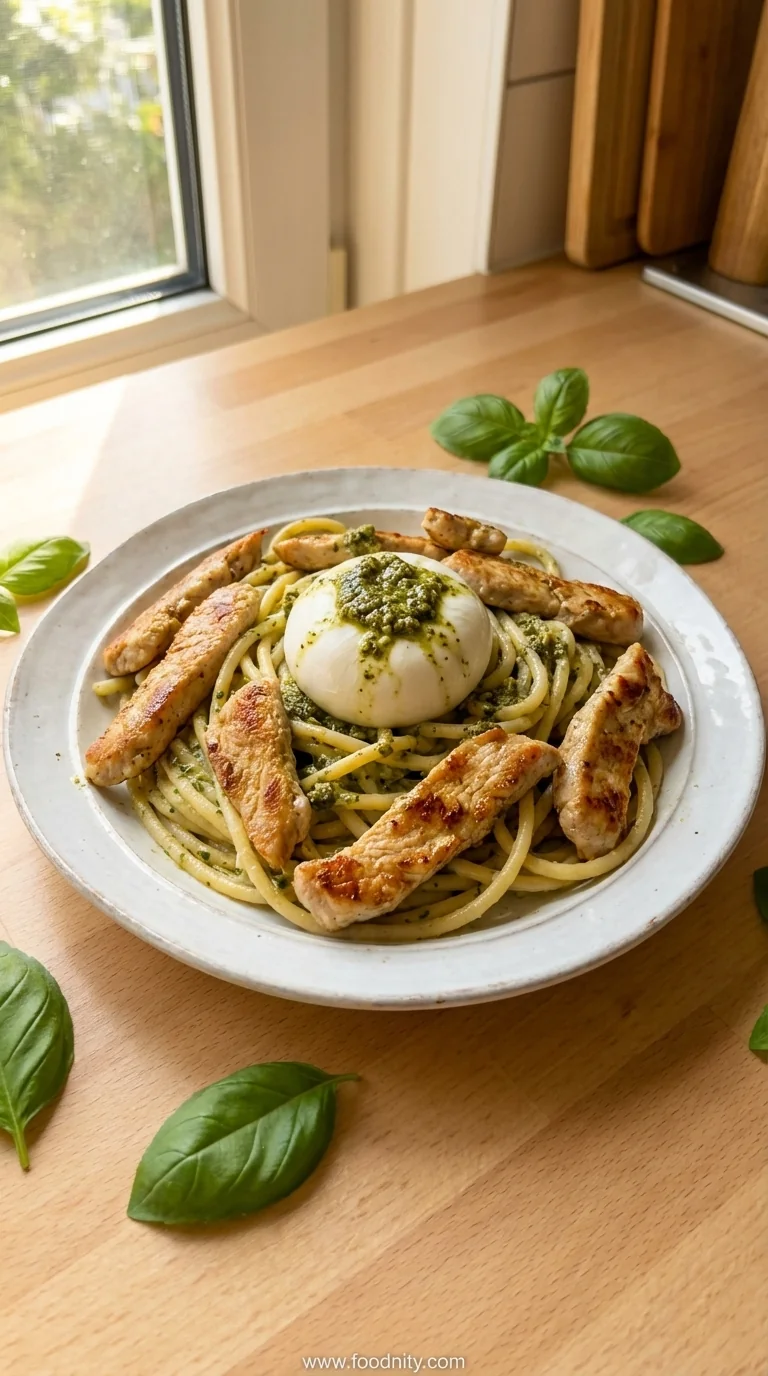 Creamy Basil and Garlic Pasta with Turkey and Burrata - feature image