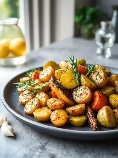 Garlic Herb Roasted Potatoes with Carrots & Zucchini - ready to serve