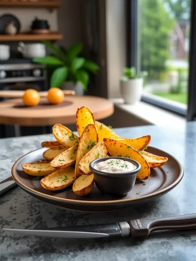 Kartoffelspalten mit Gurkendip - ready to serve