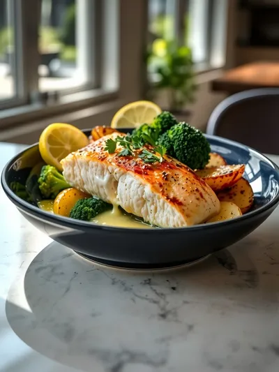 Lemon Butter Salmon with Crispy Potatoes & Broccoli - ready to serve