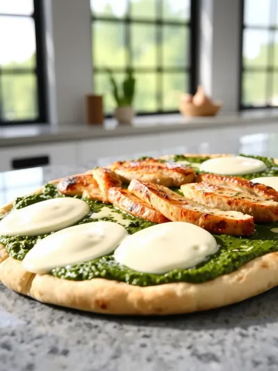 Pesto Chicken Flatbread With Mozzarella