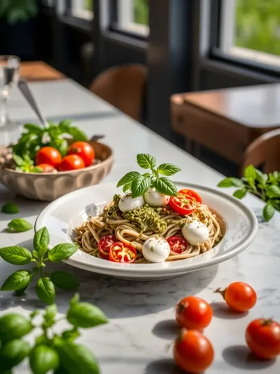 Pesto Pasta Salad with Tomatoes & Mozzarella - ready to serve
