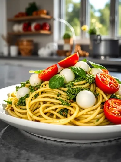 Pesto Pasta Salad with Tomatoes & Mozzarella