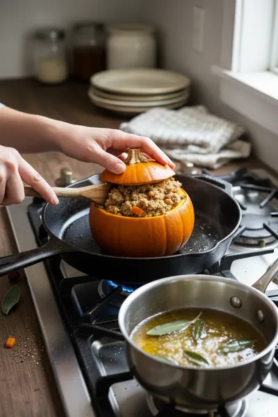 Ground Turkey & Brown Butter Sage Stuffed Pumpkins - cooking process