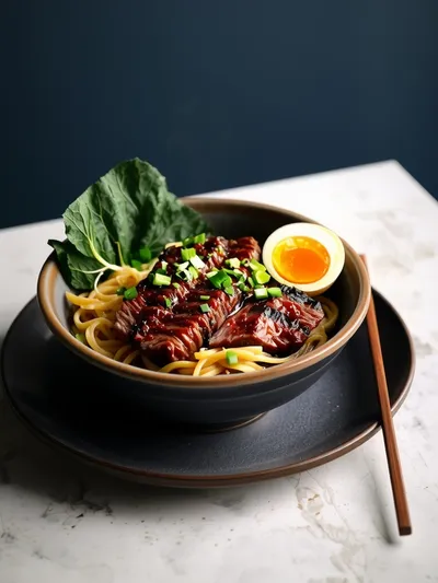 Ramen Noodle Bowl with Wagyu Steak & Marinated Eggs - ready to serve